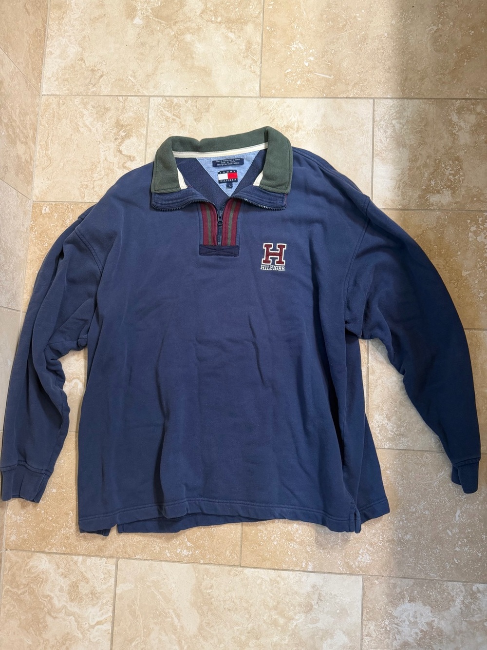 Vintage Tommy Hilfiger Navy Blue Pullover Rugby Shirt with Olive Collar